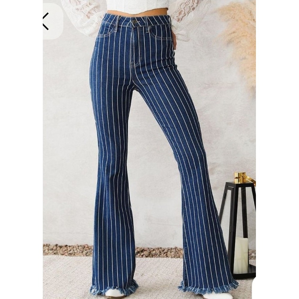 Cello Hi Rise Bell Bottoms Flared Striped Jeans Raw Hem County Boho Size 29x34